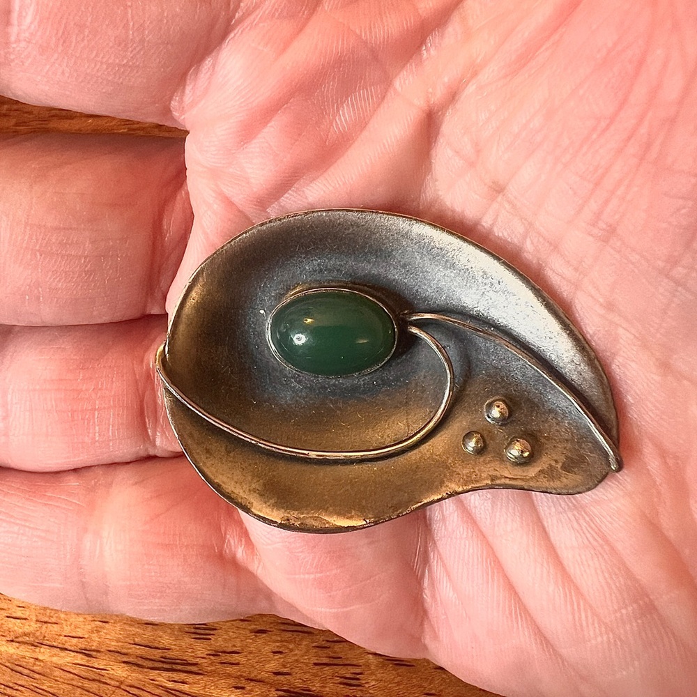 Silver and Green Jade Brooch
